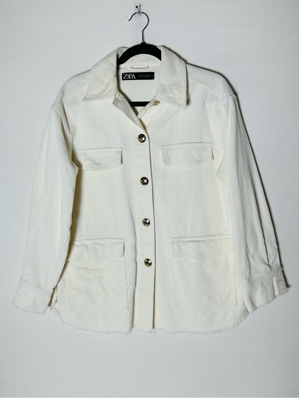 Zara Cream Frayed Hem Corduroy Jacket S Chore Coat Utility Jacket Grunge Shacket